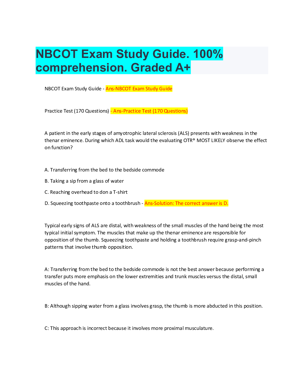 NBCOT Exam Study Guide 100 comprehension Graded A+
